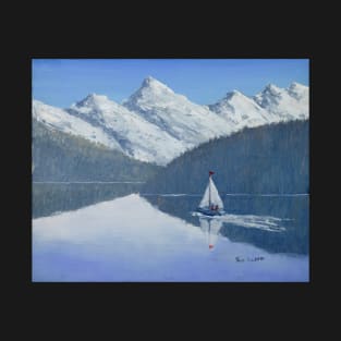 Yacht On Calm Lake - Oil on Board T-Shirt