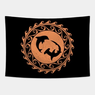 Hammerhead shark and dolphin on polynesian sun Tapestry