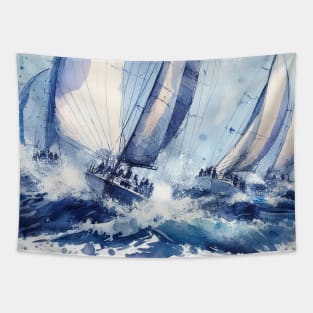 Sailboat race illustration in shades of blue Tapestry