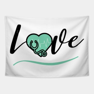 Love medicine black text design with green heart stethoscope and heartbeat Tapestry