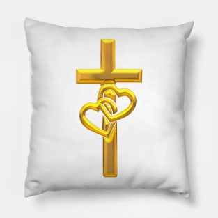 Golden 3-D look Cross with 2 Hearts Pillow