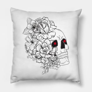 skeleton face drawn in black lines with various flowers and roses on one side Pillow