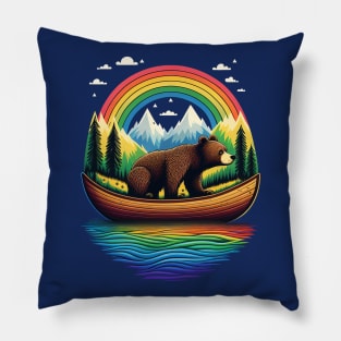 Wild Grizzly Bear in a Canoe with Rainbow Lake Mountains Funny Pillow