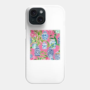 Orchids and chinoiserie jars on pink Phone Case