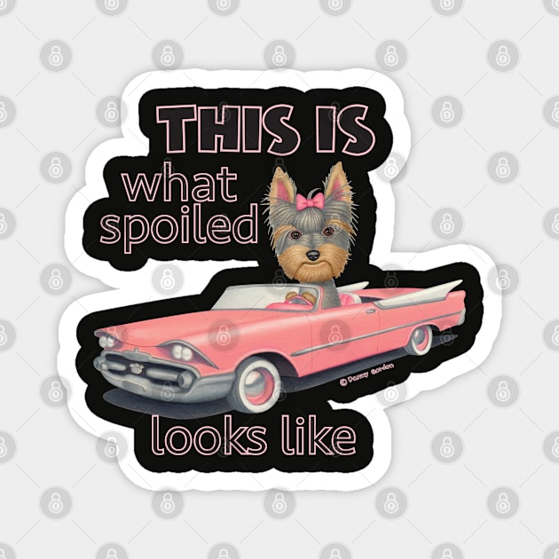 Cute Yorkshire Terrier Dog shopping in classic pink Car Magnet by Danny Gordon Art