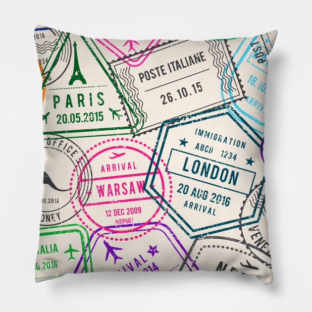 Postmarks from Everywhere Pillow by machmigo