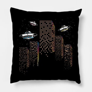 UFO Attack City Skyline Pillow