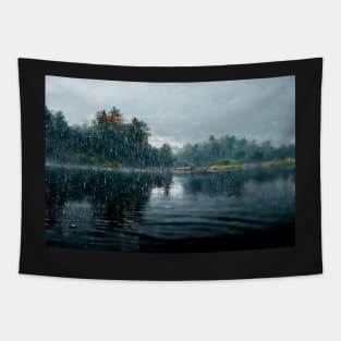 Foggy Lake Falling Raindrops On A Rainy Autumn Day Tapestry