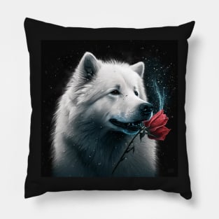 Samoyed With A Red Rose Pillow