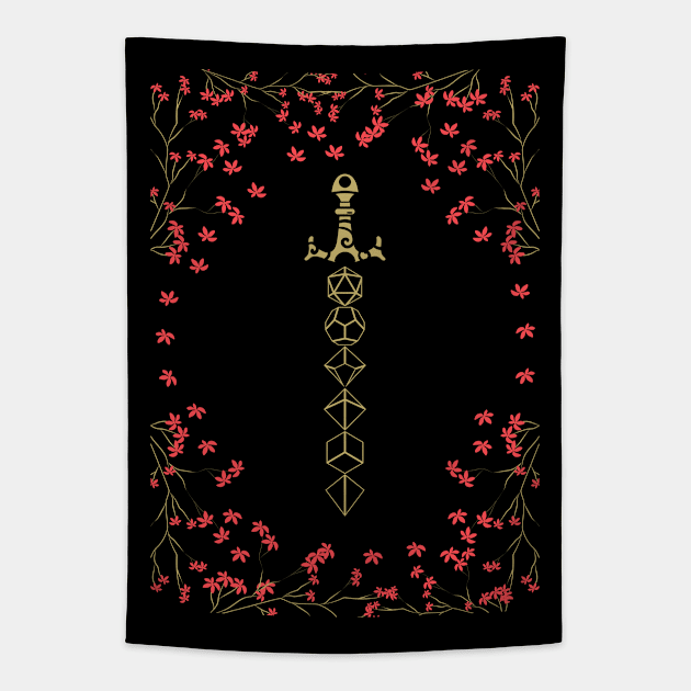 Red Flowers Polyhedral Dice Set Sword Tapestry by pixeptional