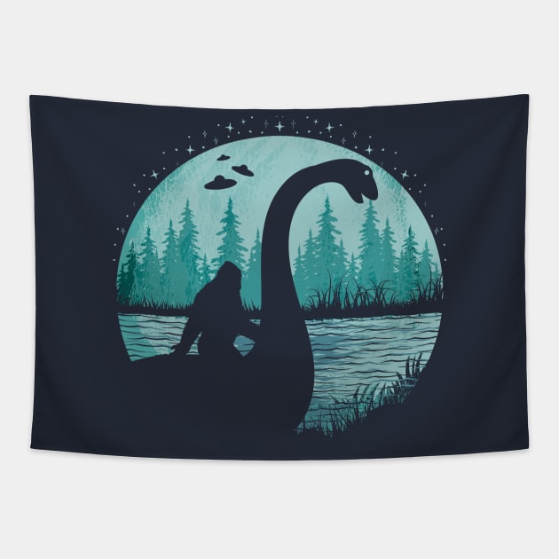 Bigfoot Riding Loch Ness Monster Tapestry by Tesszero