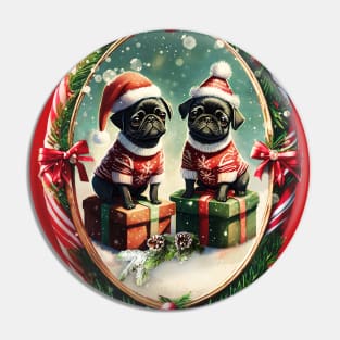 Two cute black pug puppies wearing festive Christmas sweaters and hats, sitting on gifts, in a picture frame made of red and white candy cane Pin