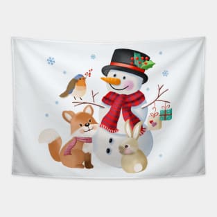 Snowman with forest animals Tapestry