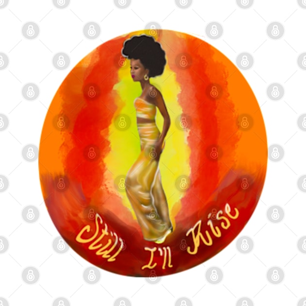 Still I’ll rise -multi coloured colored background - black girl with Afro hair, shimmering gold dress and dark brown skin side profile. by Artonmytee