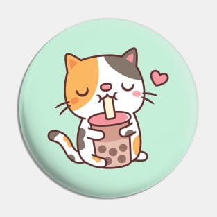 Cute Calico Cat Loves Drinking Boba Tea Pin