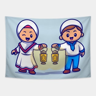 Cute Girl And Boy Moslem Bring Lantern Lamp Cartoon Tapestry