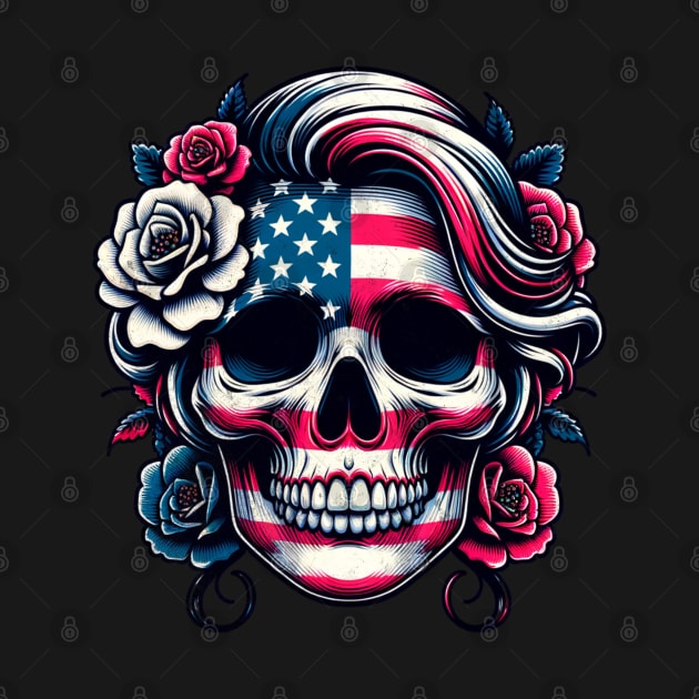 Patriotic Skull Flowers Bloom Independence Day USA American Flag Skull Face Roses by Carantined Chao$