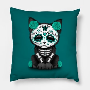 Cute Teal Blue Day of the Dead Kitten Cat Pillow