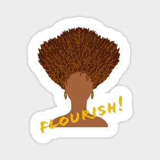 Flourish! Natural Hair Upward Curly Afro with Gold Earrings and Gold Lettering  (White Background) Magnet