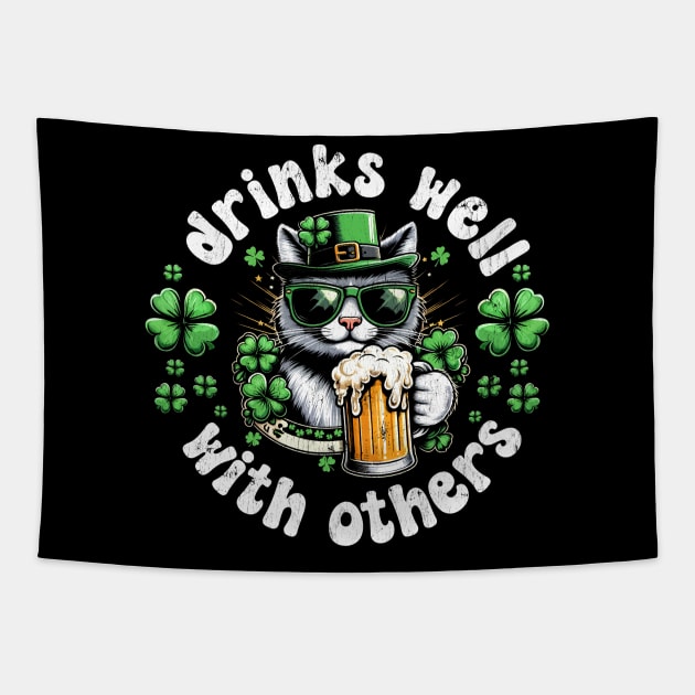 Drinks Well with others funny cat drinking beer St Patrick's day Tapestry by RetroPrideArts