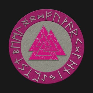 Vikings Distressed Valknut and Runes Pink and Silver T-Shirt