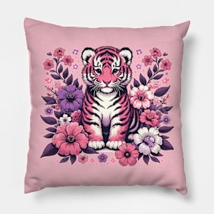 Little pink tiger surrounded by flowers Pillow