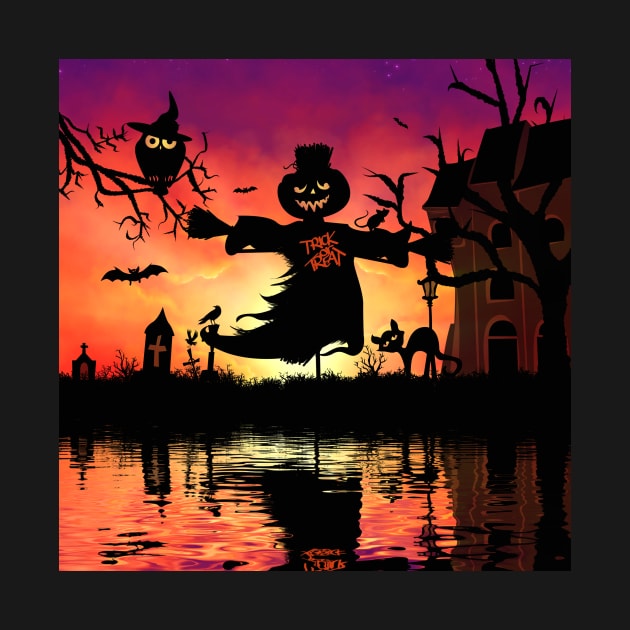 Funny halloween design with scarecrow, cat, and owl by Nicky2342