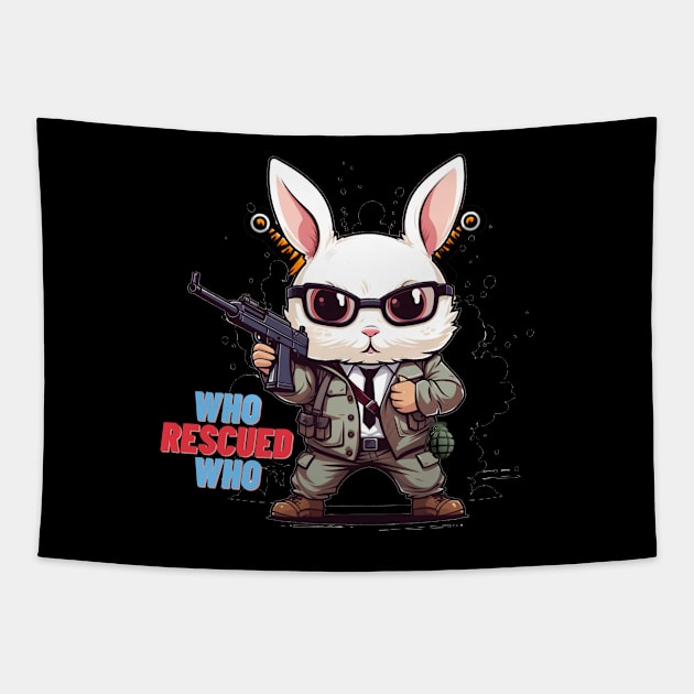 A rabbit holds a gun who rescued who Tapestry by MilkyBerry