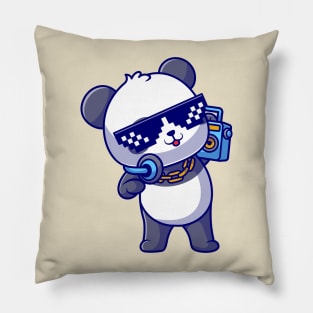 Cute Cool Panda Listening Music With Boombox And  Headphone Cartoon Pillow