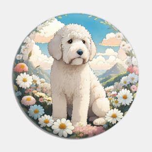 White Doodle Dog In A Field Of Spring Flowers Pin