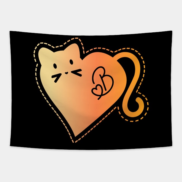 Heart Cat Monogram B in Orange Tapestry by ArtsByNaty