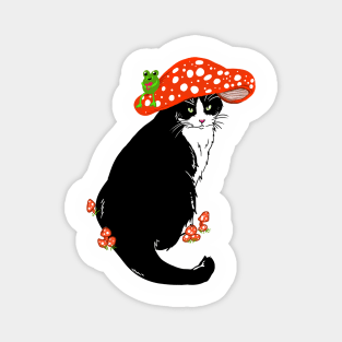 Whimsical Tuxedo Cat Wearing a Mushroom Hat Magnet