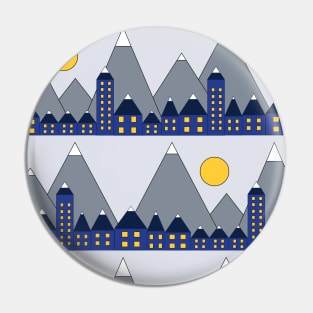 Blue houses in front of snowy mountains and the moon. Geometric shapes winter night. Blue yellow white and gray winter print. Winter village. Pin