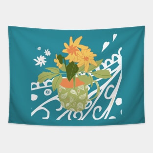 Pot Plant And Paisley On Teal. Tapestry