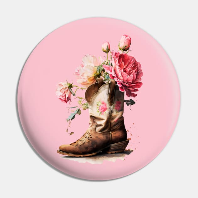 Pink Peonies Brown Cowgirl Boot Pin by Queen of the Minivan