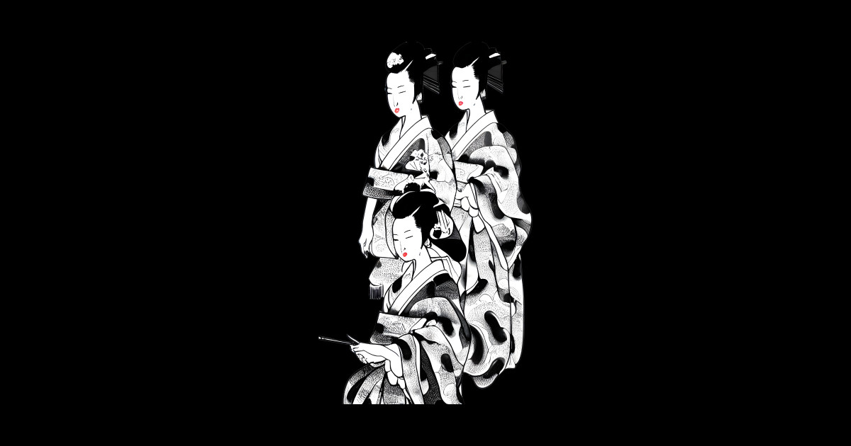 3 Japanese Geishas Black And White Graphic Geishas Sticker Teepublic 