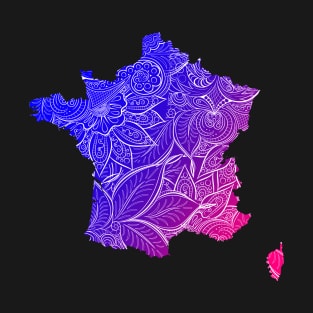 Colorful mandala art map of France with text in blue and violet T-Shirt