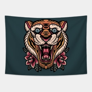 Retro Tiger Head Illustration with Roses Tapestry