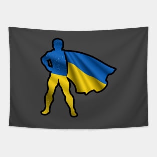 Ukrainian Hero Wearing Cape of Ukraine Flag Representing Hope and Peace Tapestry