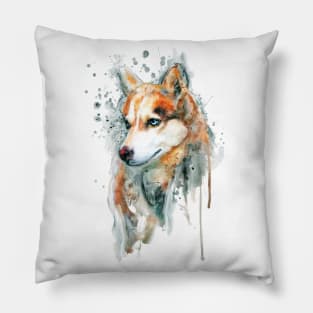 Watercolor Portrait of Red Siberian Husky Pillow