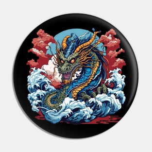 Dragon against the backdrop of a setting sun bathed in ocean waves Pin