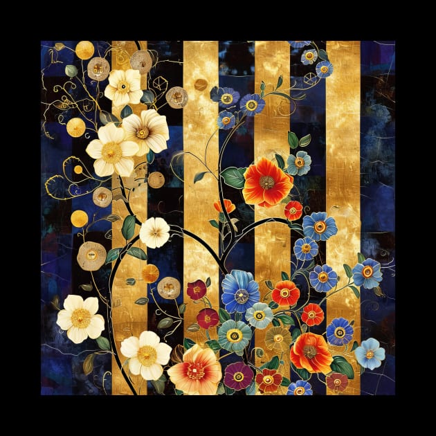 Rambling Flowers on Black and Gold Stripes by Mistywisp