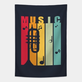 Music word and trumpet over stripes Tapestry