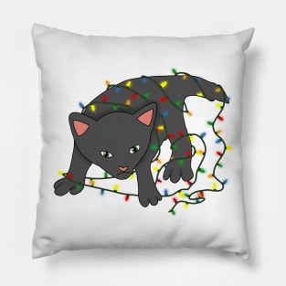 Black cat tangled in christmas lights Pillow