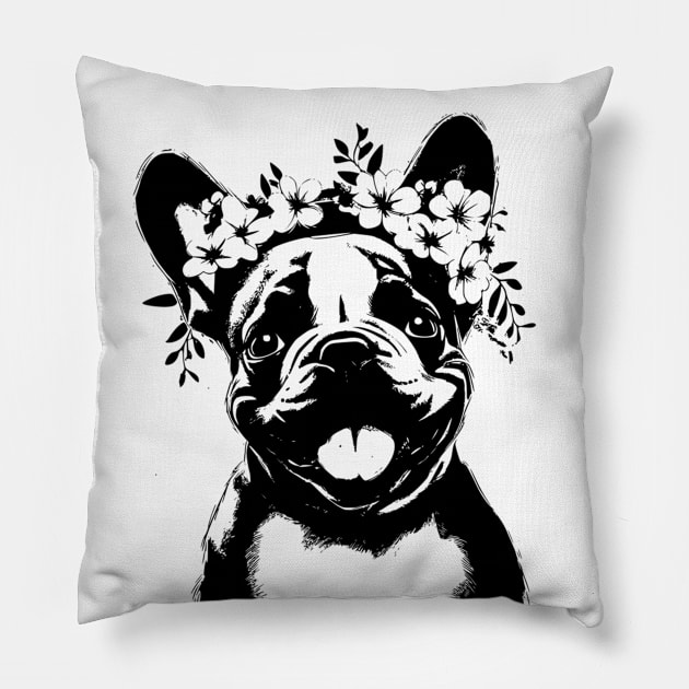 Frenchton With Flower Crown Pillow by LaurenGalanty