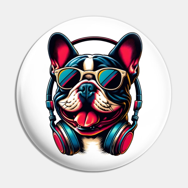 French Bulldog Smiling DJ with Vibrant Beats Pin by ArtRUs