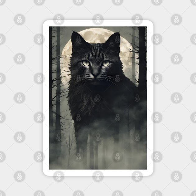Giant Black Cat in the Foggy Forest Vintage Magnet by Art-Jiyuu