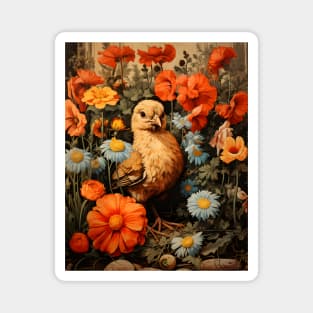 Retro Vintage Art Style Baby Chick in Field of Wild Flowers - Whimsical Farm Magnet