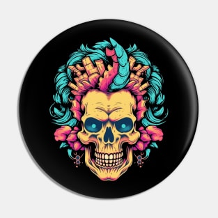 Skull with Flowers and Vaporwave Colors Pin