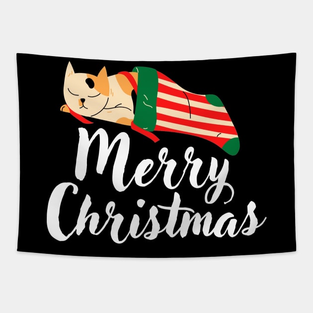 Merry christmas cute cat sleeping in a sock Tapestry by Jenmag